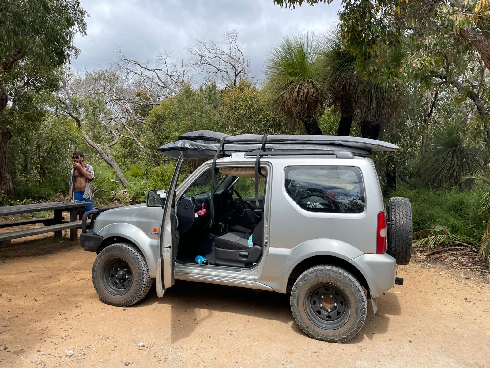 Jimny and rooftop tent at Conto campground, Western Australia