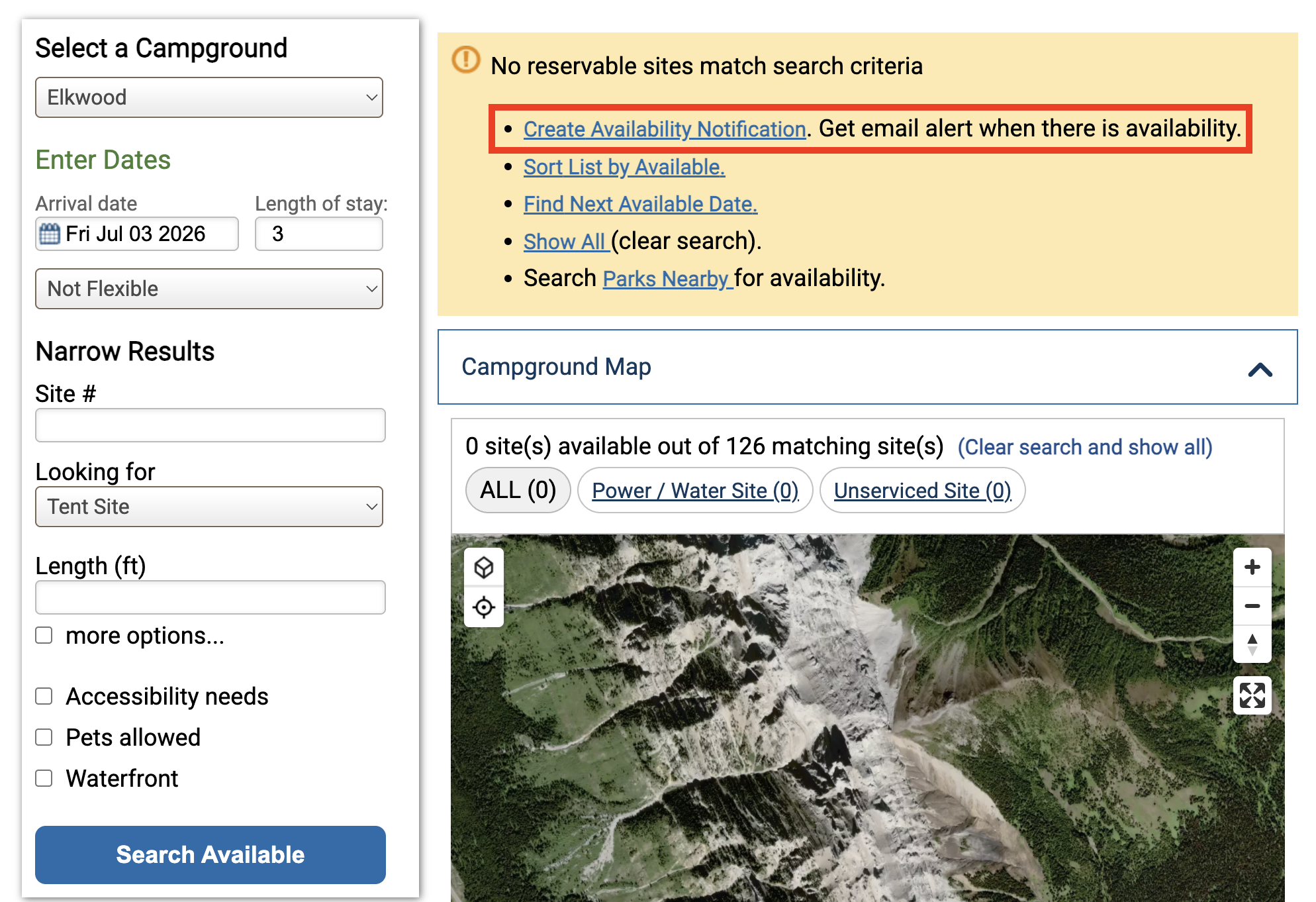 Alberta Parks reservation site showing the 'Create Availability Notification' link inside the yellow 'no reservable sites match' warning box after a failed search.