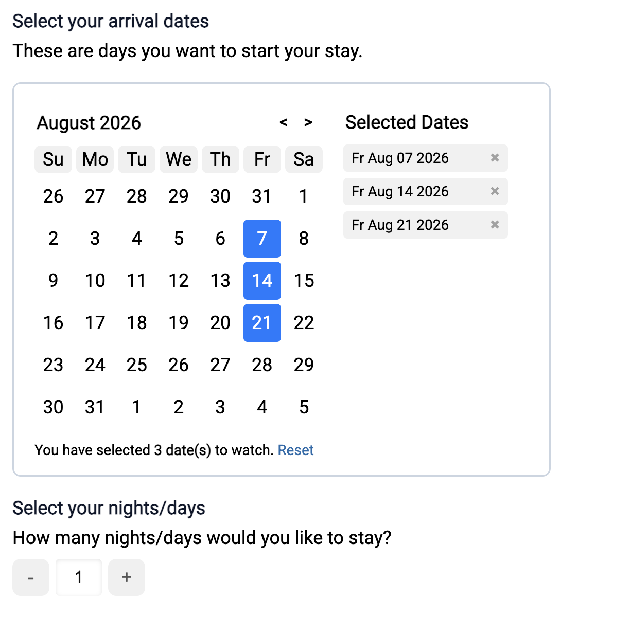 Alberta Parks Spot Watch form. Under 'Select your arrival dates', an August 2026 calendar has three Fridays selected, listed as chips beside it, with 'You have selected 3 date(s) to watch.' Below, a nights/days stepper is set to 1.